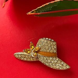 VINTAGE Brooch,Rhinestone Hat Brooch with Yellow Accents
